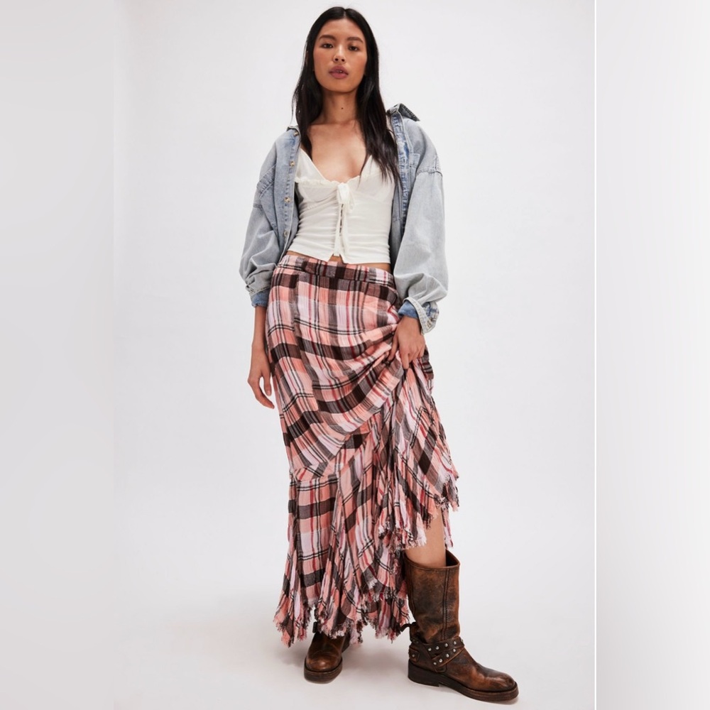 Free People Bordeaux Plaid Maxi Skirt